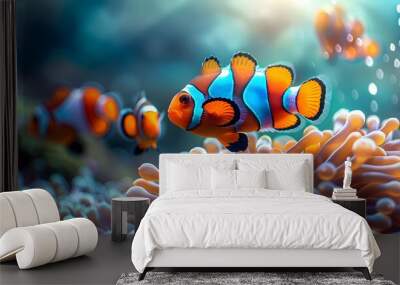 Clownfish swimming around sea anemone. Wall mural