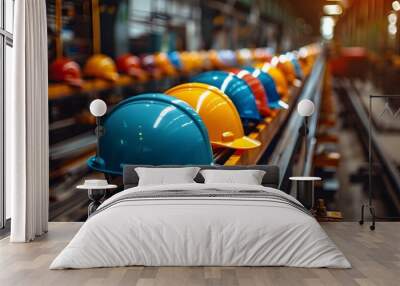 Colorful hard hats and tools in construction workshop. Wall mural