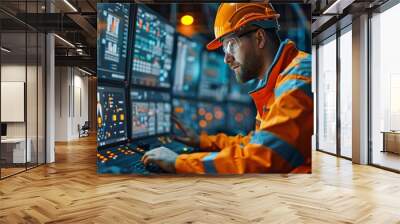 Control room operators monitor multiple data screens. Wall mural