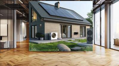 Energy-efficient home concept with heat pump and solar panels. 3D illustration. Wall mural