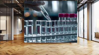 Gloved hand transferring liquid in test tubes. Wall mural