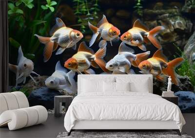 Golden goldfish in aquarium. Wall mural