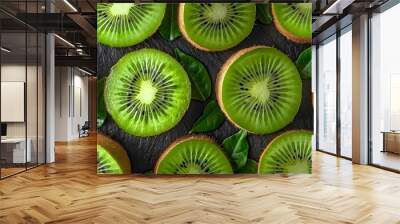 Halved kiwis on dark stone. Wall mural