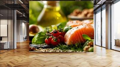 Keto diet concept featuring salmon, avocado, eggs, nuts, and seeds on a bright green background. Wall mural