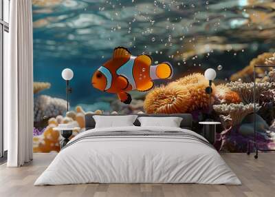 Long clownfish playing with coral. Wall mural