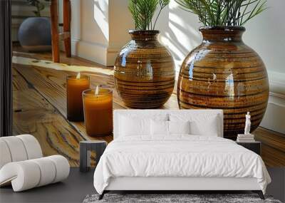 Room with wooden floor and vase with candles. Wall mural