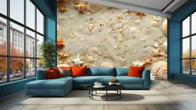 Sandy beach with exotic seashells and starfish. Wall mural