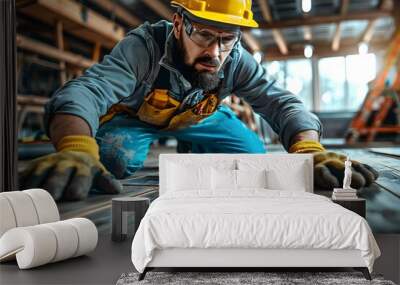 Worker installs new laminate floor. Wall mural