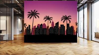 silhouette city skyline view  with palm trees background Wall mural