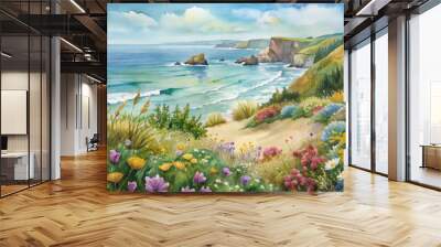 Watercolor background of wildflowers growing on the beach Wall mural