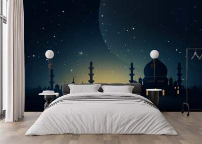 Nighttime silhouette of a mosque with crescent moon Generative AI Wall mural