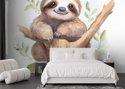 Cute baby sloth cartoon in watercolor painting style Wall mural