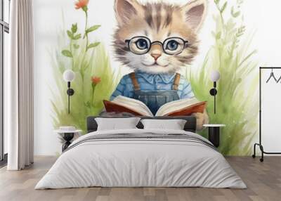 Cute cat cartoon reading a book in the grass with watercolor painting style Wall mural