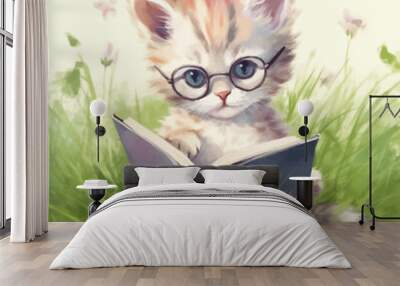 Cute cat cartoon reading a book in the grass with watercolor painting style Wall mural