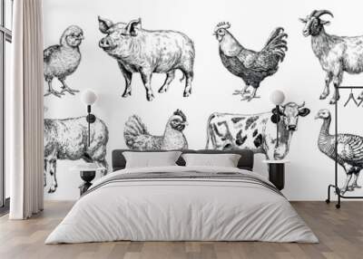 Animals meet types ink illustrations set, hand drawn illustrations of cow, chicken, pig, sheep, goat and duck. Domestic farm animals isolated on white background, vector illustrations Wall mural