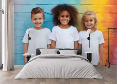 Children wearing blank white t-shirts standing in front of colorful wall, studio photo for apparel mockup, 5 and 7 years old girls and boys, diverse race Wall mural