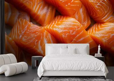 Closeup photo of raw salmon fish slices arranged o
in rows, top view photo, food background Wall mural