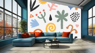 Collection of flat hand drawn contemporary abstract vector illustrations. colored abstraction doodles and shapes in autumn colors. Trendy paper cut style.  Simple swirl, rainbow and plant branch Wall mural