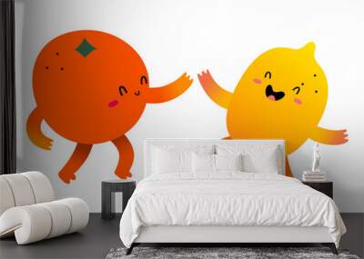 Cute orange and lemon fruit characters dancing holding hands having fun, happy kawaii cartoon characters with face expressions isolated on white background, Wall mural