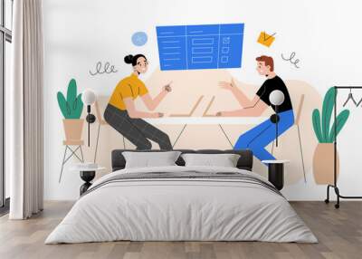 Employees or business partners talking to each other, discussing in office, man, woman business meeting, colleagues, negotiation, office scene, cartoon vector illustration isolated on white background Wall mural