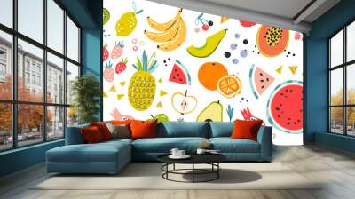 Fruit collection in flat hand drawn style, illustrations set. Tropical fruit and graphic design elements. Ingredients color cliparts. Sketch style smoothie or juice ingredients. Wall mural