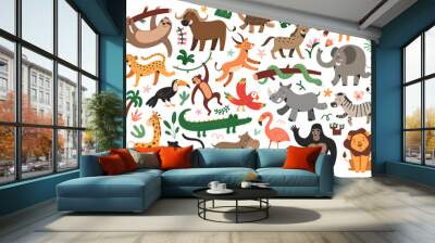 Jungle animals bungle, tropical felines set, dancing giraffe and zebra, sleeping jaguar, toucan and macaw parrot flying in rainforest, isolated vector illustrations, cute characters for children Wall mural