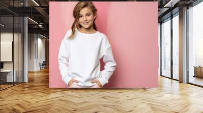 Photo of a teen girl wearing a blank white sweatshirt standing in front of pink wall, apparel mock-up, teenager model Wall mural