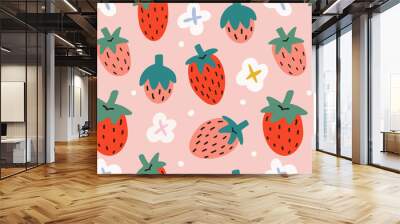 Strawberries pattern, colorful seamless vector pattern with cute hand drawn summer berries, seasonal dessert, pink and red fruit, good as fabric print, colored cartoon illustrations Wall mural