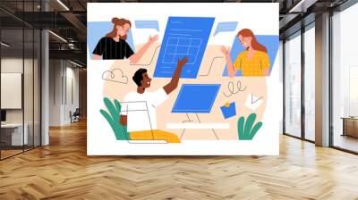 Team workflow comcept, modern company job organization, employees working at the same data base, document in cloud, online interaction using managment software, vector illustration isolated on white Wall mural