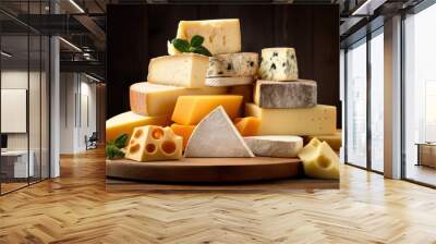 Various types of cheese, photo of brie, camembert and cheddar cheese slices on wooden board, food photography, dark background Wall mural