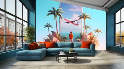 Young man booking a travel tour, airplane tickets for vacation using a smartphone, person books flight, buys tickets, tropical beach, aircraft flying out screen, generative ai Wall mural