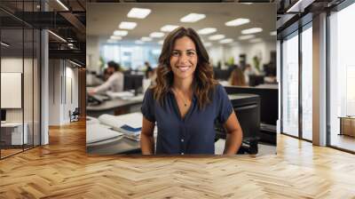 Latina business woman smiling in an office out of focus Wall mural