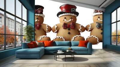 Three cute gingerbread men with festive hats and bows isolated on transparent.  Wall mural