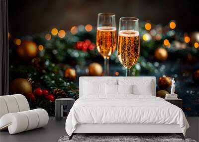 Two glasses of champagne on a festive background, in celebration of christmas and new year.  Wall mural