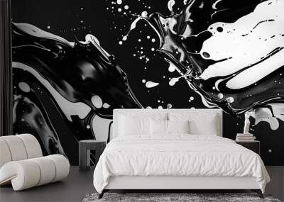 Bold black and white 3D ink splashes creating striking abstract art Wall mural