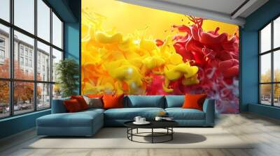 Radiant yellow and crimson 3D ink splash forming vibrant abstract art with fluid dynamics Wall mural