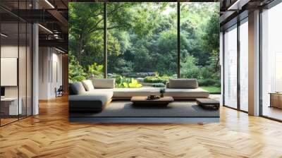 A 3D rendering of a modern living room with a garden view.There are big windows that look out over the surrounding landscape and garden. Wall mural