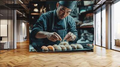 A Japanese chef prepares uni nigiri for omakase dining. Traditional Japanese omakase style.
 Wall mural