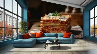 A traditional single slice of lasagna in a studio environment Wall mural