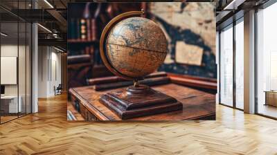 An antique map, globe, and book stored in a cupboard. Science, learning, and past travel experiences. geography and history team. Antiquated globe with historical map background. Wall mural