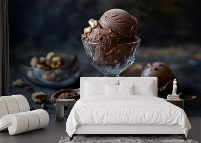 Chocolate-themed food photography ice cream, cool, frozen, scoop, glass, hazelnut, walnut, cinnamon, and coffee Wall mural