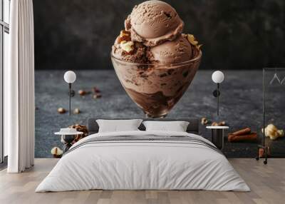 Chocolate-themed food photography ice cream, cool, frozen, scoop, glass, hazelnut, walnut, cinnamon, and coffee Wall mural