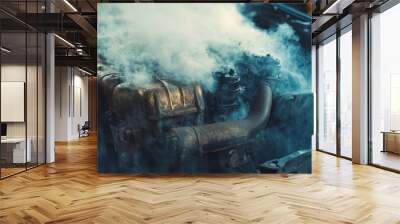 close-up of an automobile engine overheating. smoke coming from the car engine. steam or smoke coming from a car's engine
 Wall mural