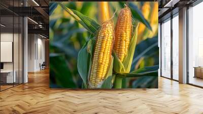 Close-up of corn cobs amid a field of corn plantations. Wall mural