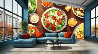 Dinner of pasta with friends at home or in a restaurant. Wall mural