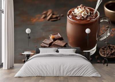 Drink with melted chocolate against a black backdrop. Warm drink. Wall mural