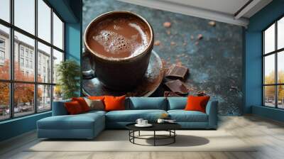 Drink with melted chocolate against a black backdrop. Warm drink. Wall mural