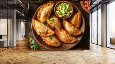 Fried empanadas from Latin America topped with avocado and tomato sauces. top view. Wall mural