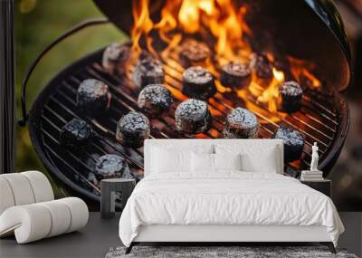 Grill pit for barbecue including glowing and flaming hot charcoal briquettes, close-up Wall mural