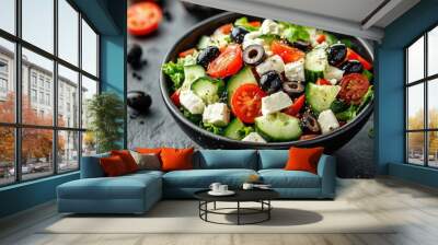 pasta salad topped with cucumber, feta cheese, tomato, and black olives. healthful food.
 Wall mural